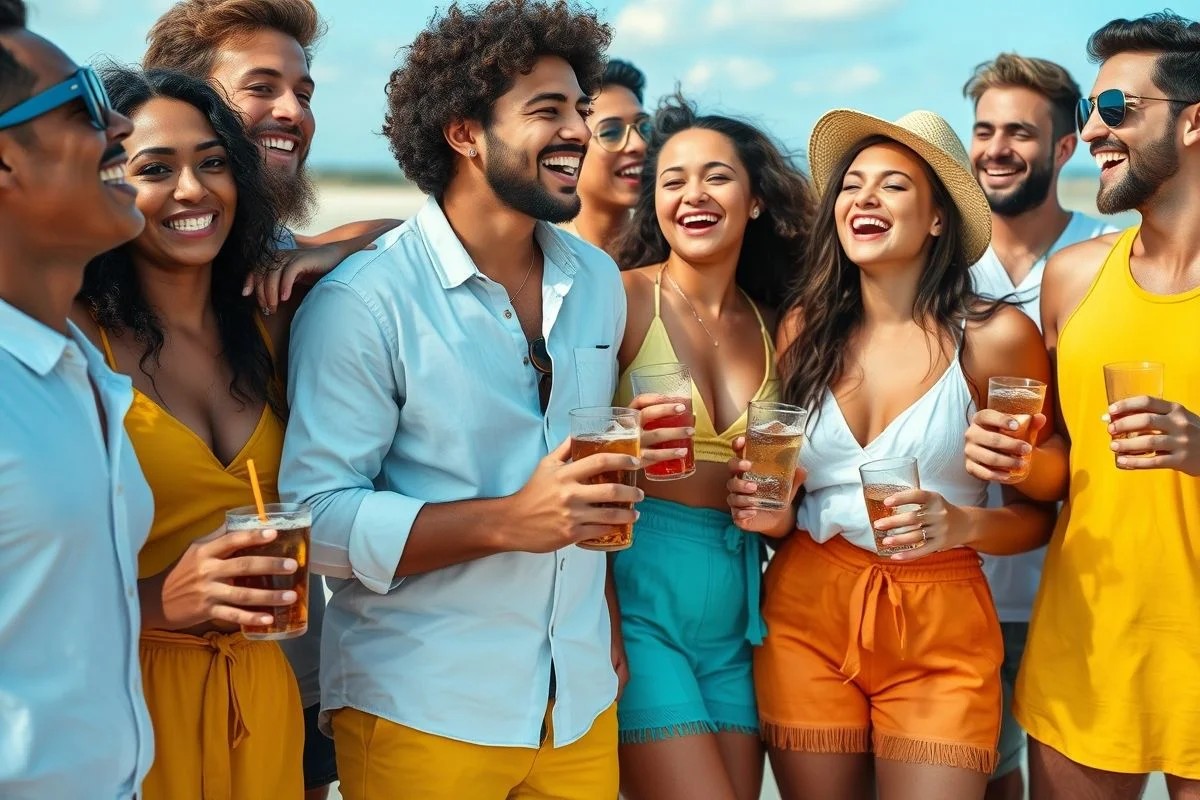 Amigos diversos celebram Ano Novo na praia, roupas coloridas.