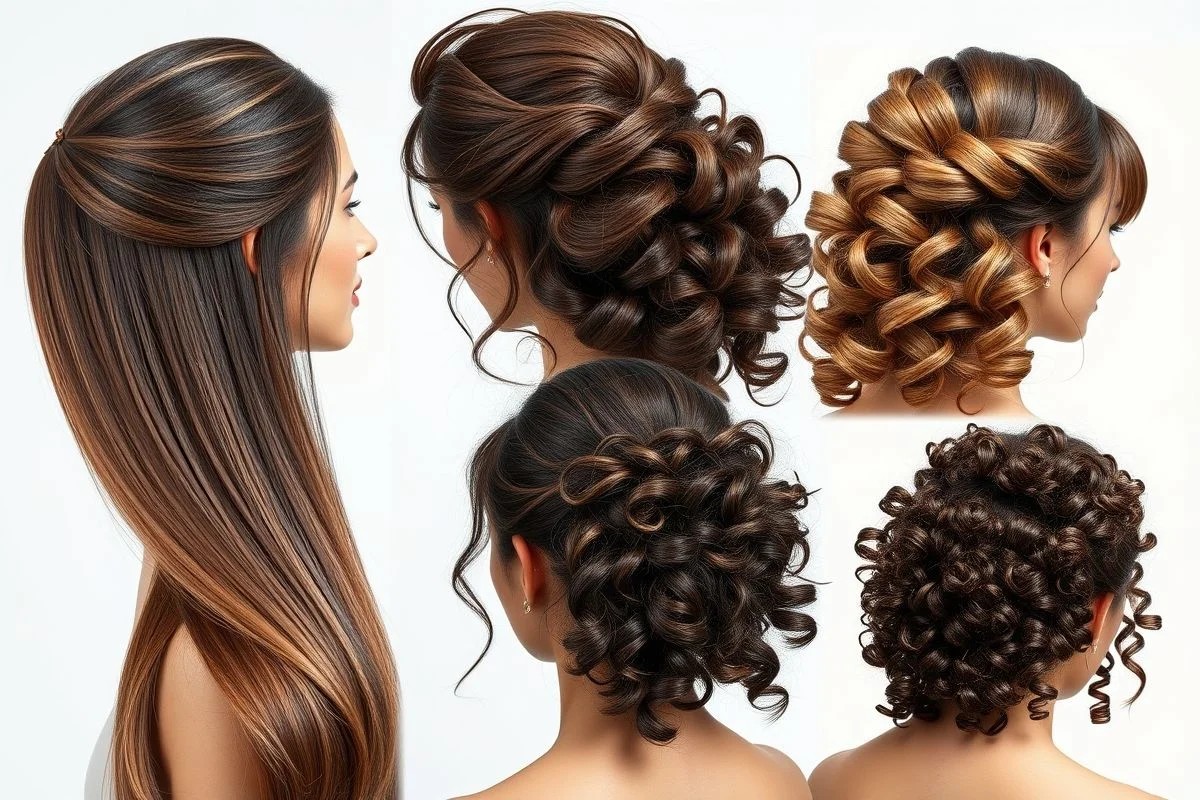 Diferentes texturas de cabelo com penteados meio presos, close-up