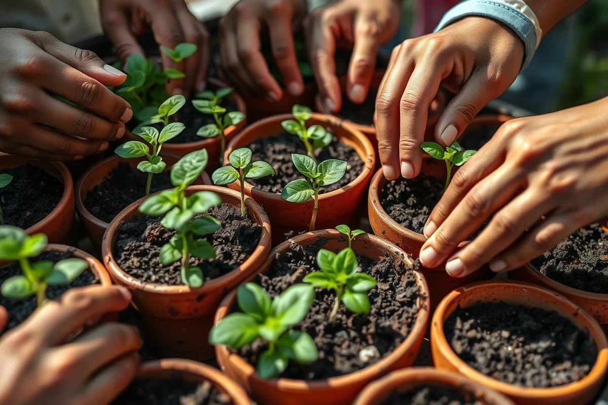 Mãos plantando mudas em vasos com terra, jardinagem caseira no Brasil