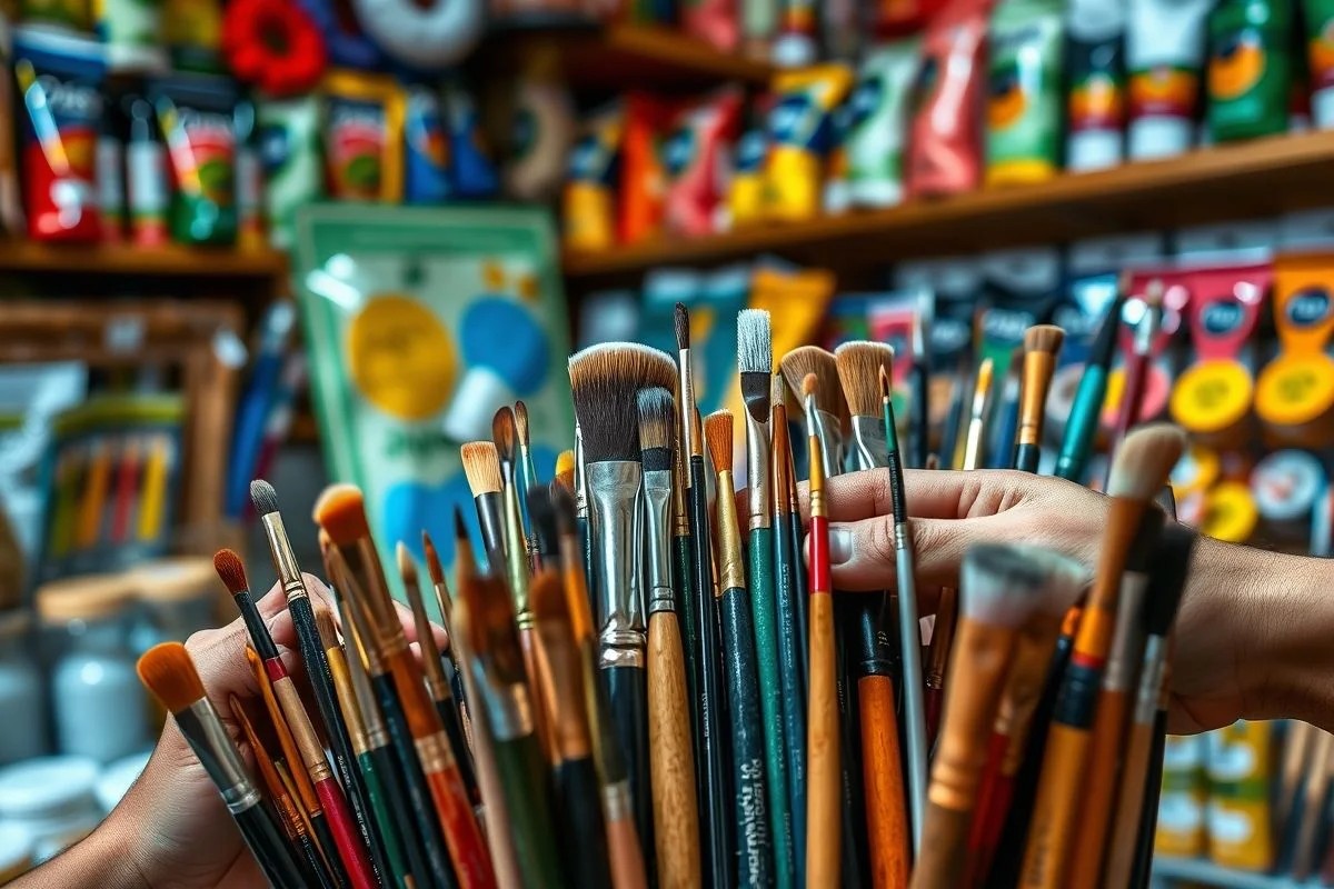 Mãos escolhendo pincéis de qualidade para pintura em loja brasileira.