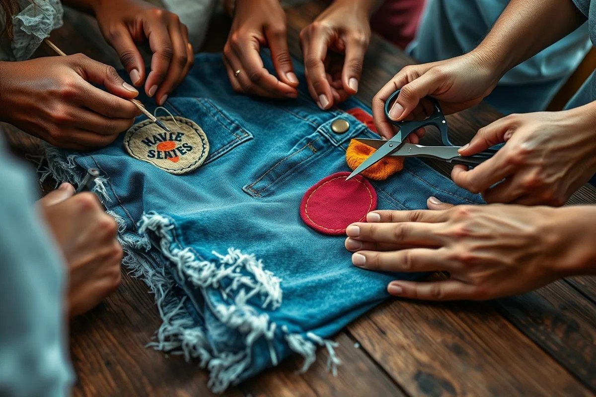 Mãos customizando short jeans com patches e tesoura. Customização DIY no Brasil.