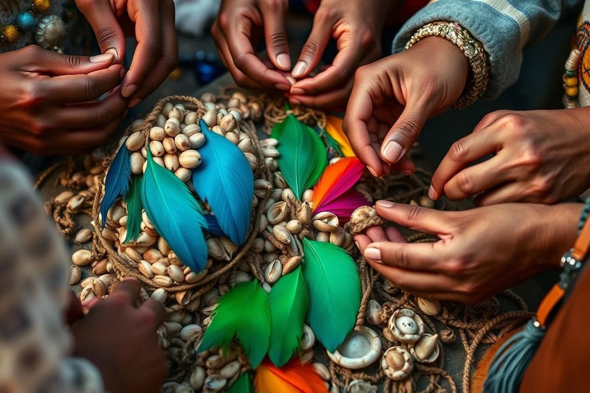 Artesãos brasileiros criando acessórios com materiais naturais.