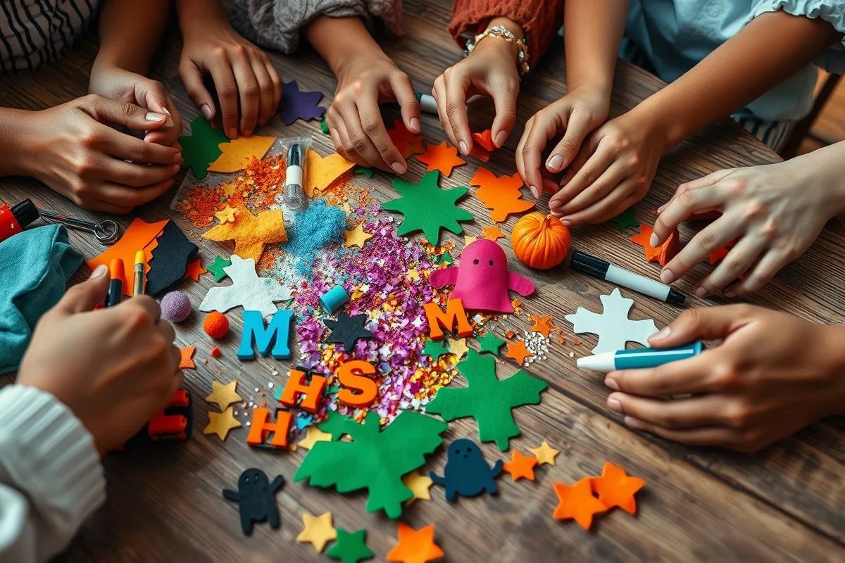 Mãos criando decorações de Halloween DIY em família no Brasil