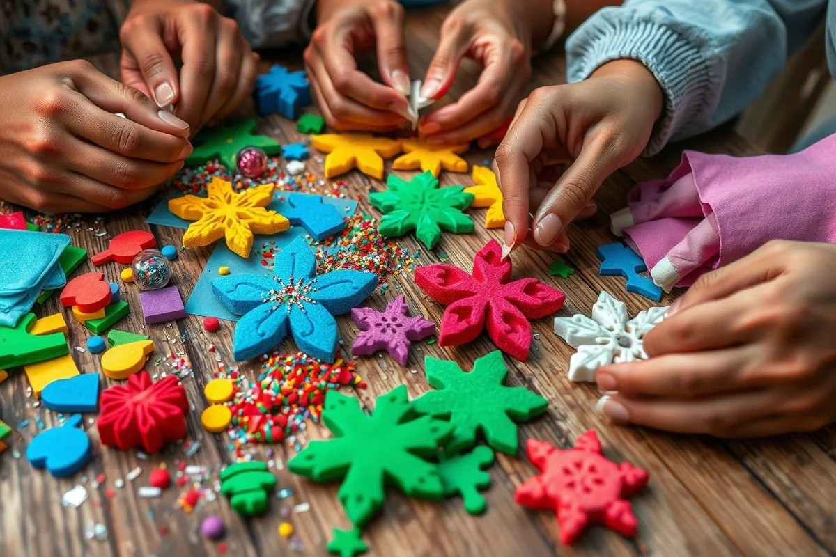 Mãos artesãs criando enfeites de Natal coloridos em EVA. Artesanato DIY natalino brasileiro.