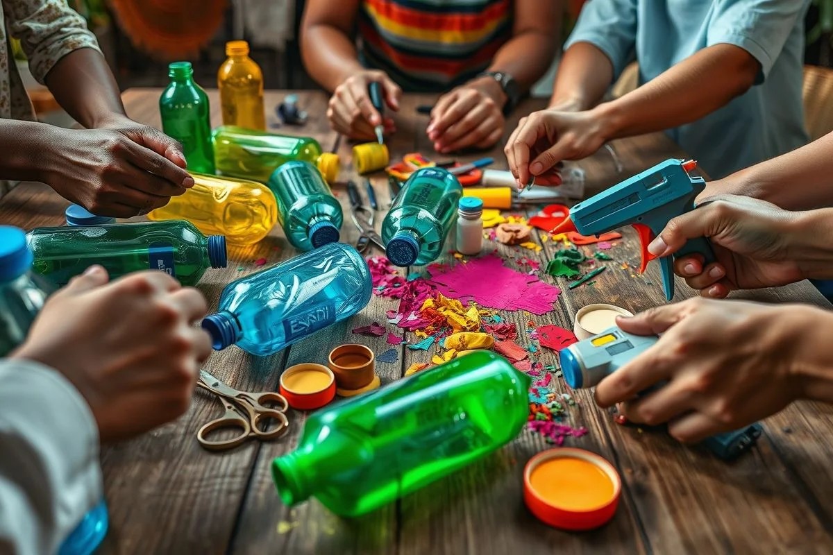 Mãos diversas criando artesanato com botões coloridos em mesa de madeira.