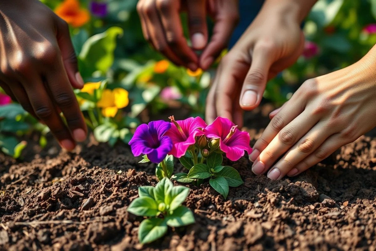 Mãos plantando mudas de petúnias em solo fértil. Jardinagem no Brasil.