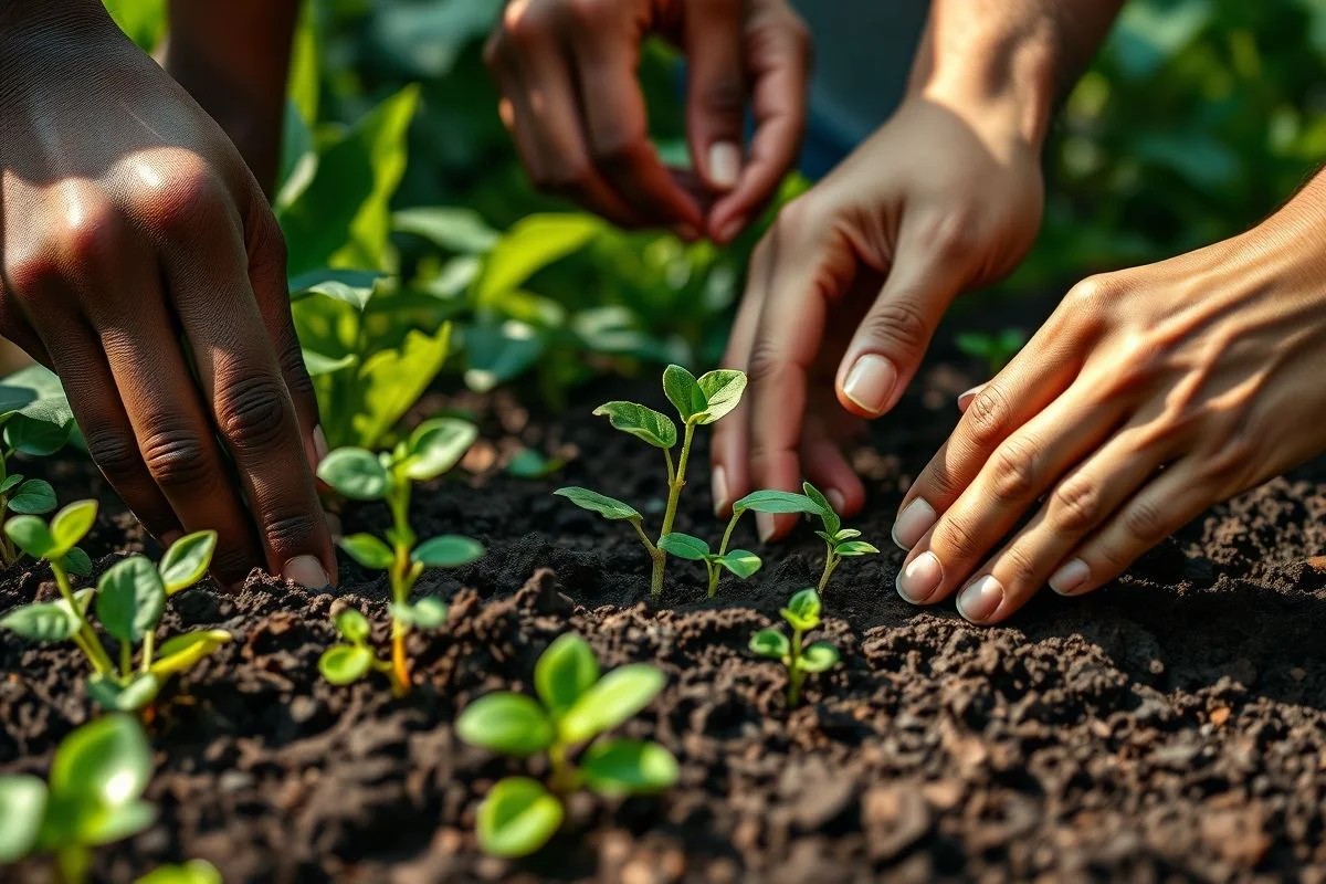 Mãos plantando mudas, jardinagem no Brasil, solo fértil, luz natural