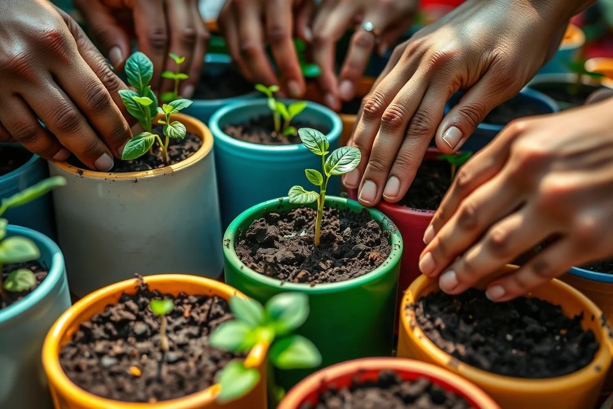 Mãos plantando em horta vertical de pallet reciclado, foco na sustentabilidade