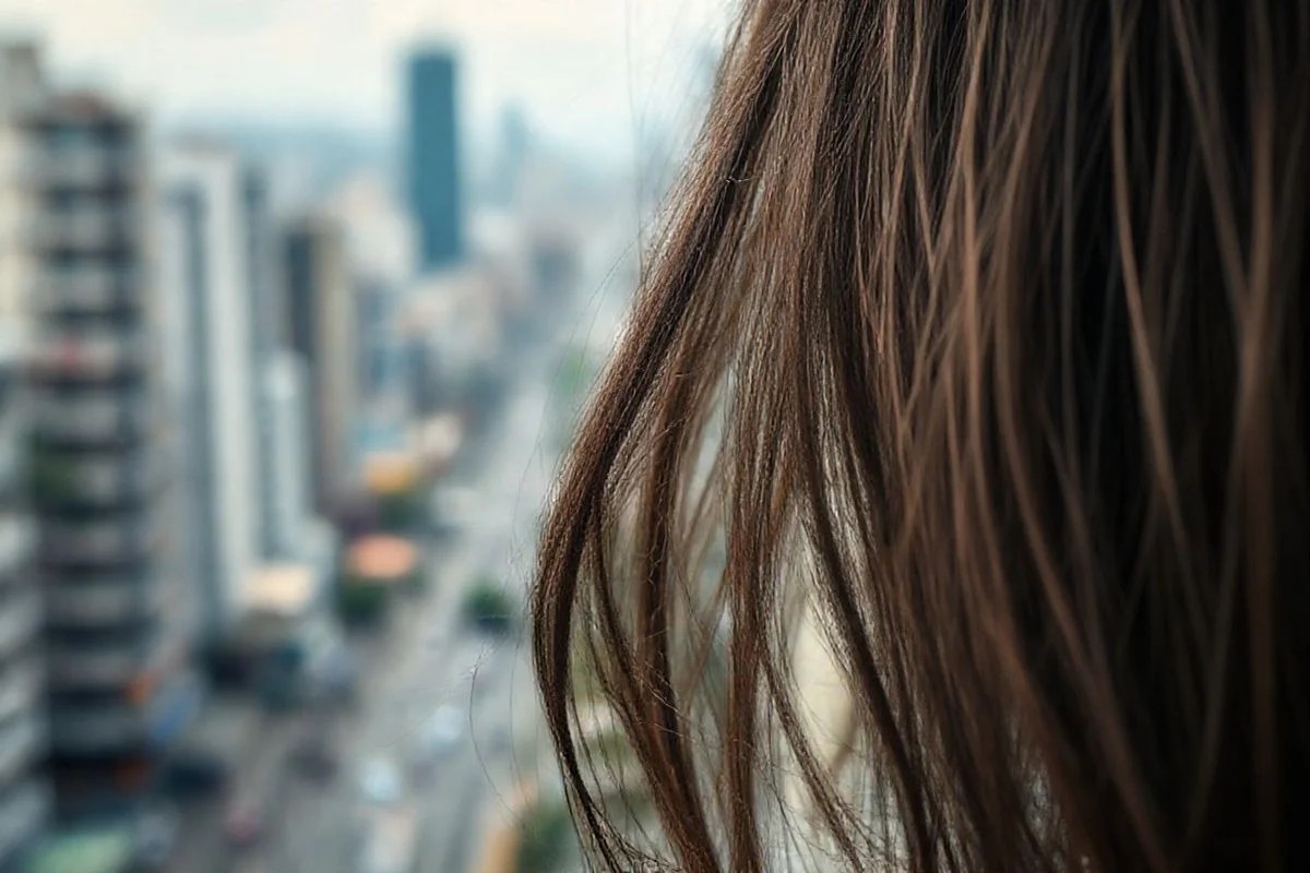 Cabelo opaco e sem vida, afetado pela poluição urbana no Brasil.