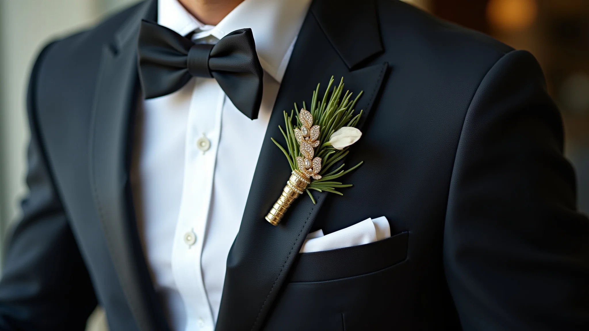 Detalhe de acessórios elegantes para um look de jantar formal de empresa.