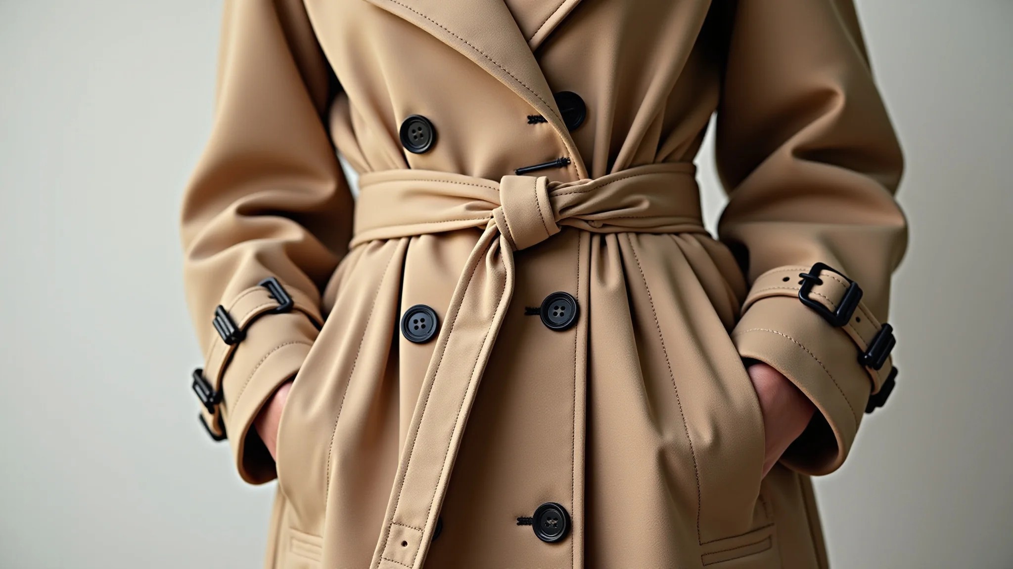 Detalhes de um sobretudo elegante: botões, golas, cintos, bolsos.