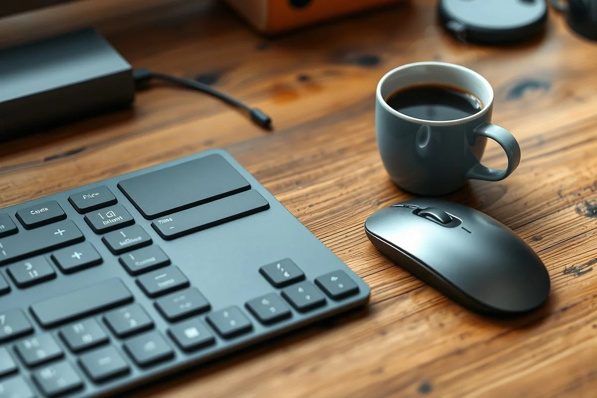 Teclado e mouse ergonômicos em mesa de madeira com café.
