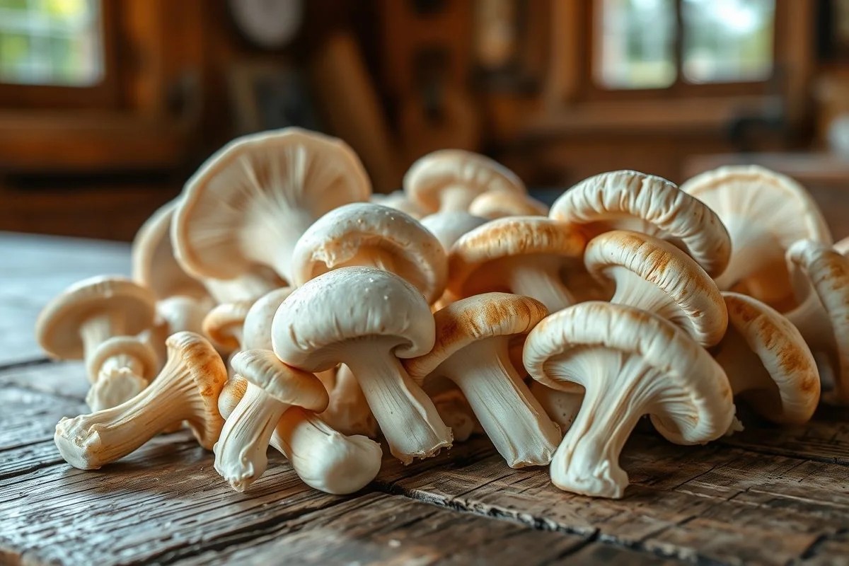 Cogumelos champignon frescos em mesa de madeira, luz natural.