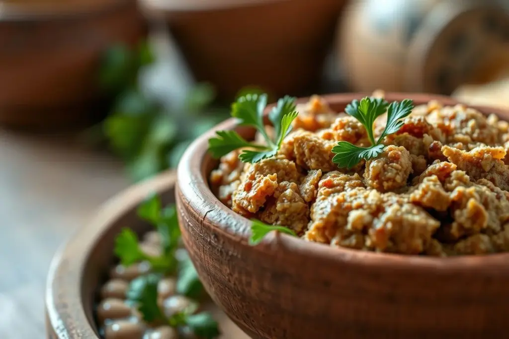 Paçoca de pinhão caseira em tigela de barro com salsa, culinária sulista.