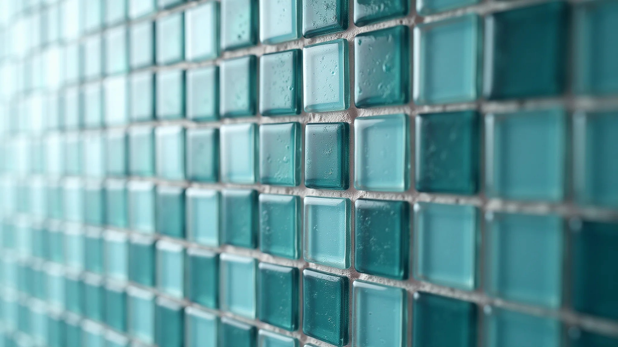 Detalhe de pastilhas de vidro em um box de banheiro, mostrando texturas e cores vibrantes.
