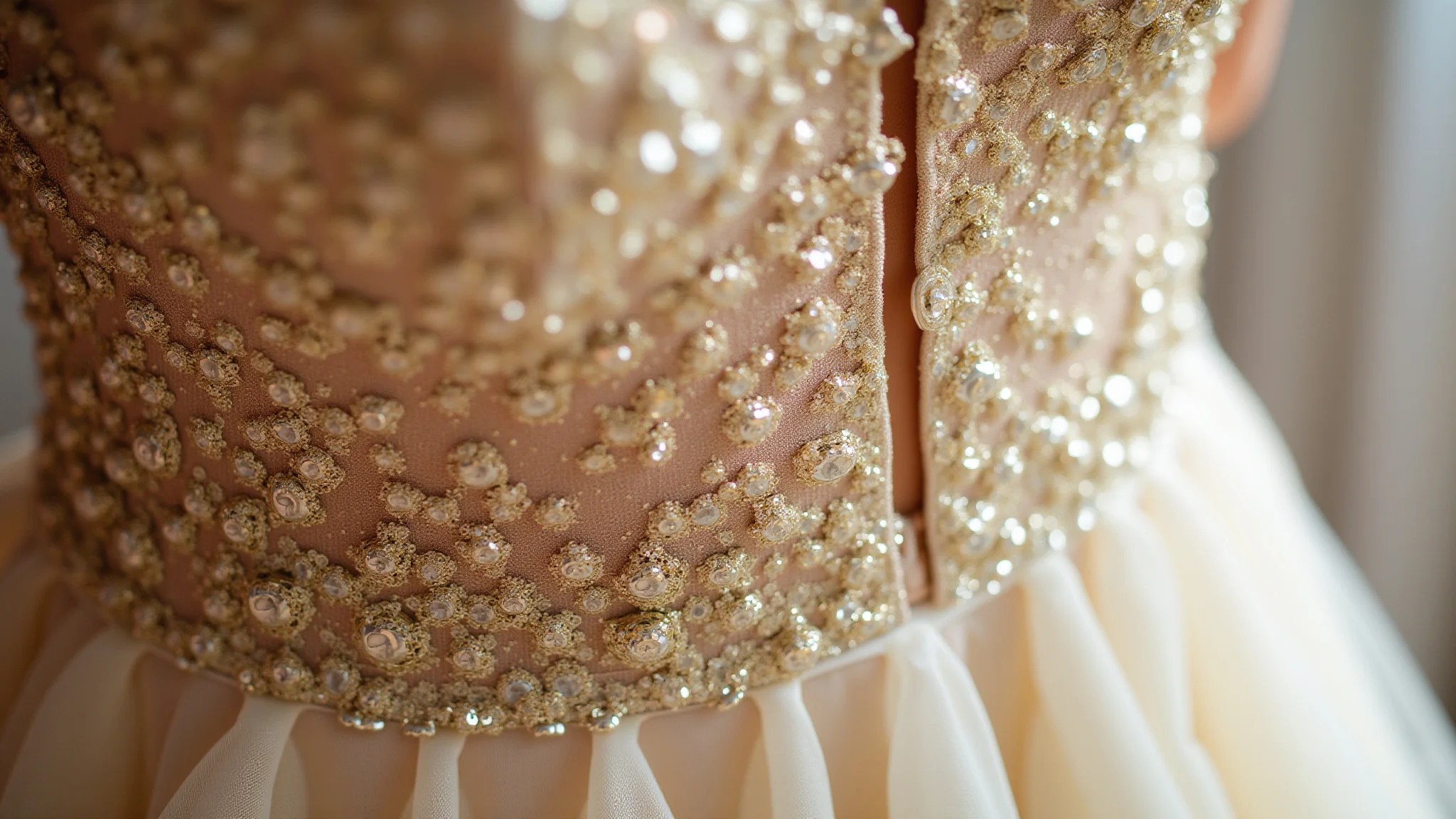 Detalhes de um vestido de paetê dourado, mostrando textura e brilho.