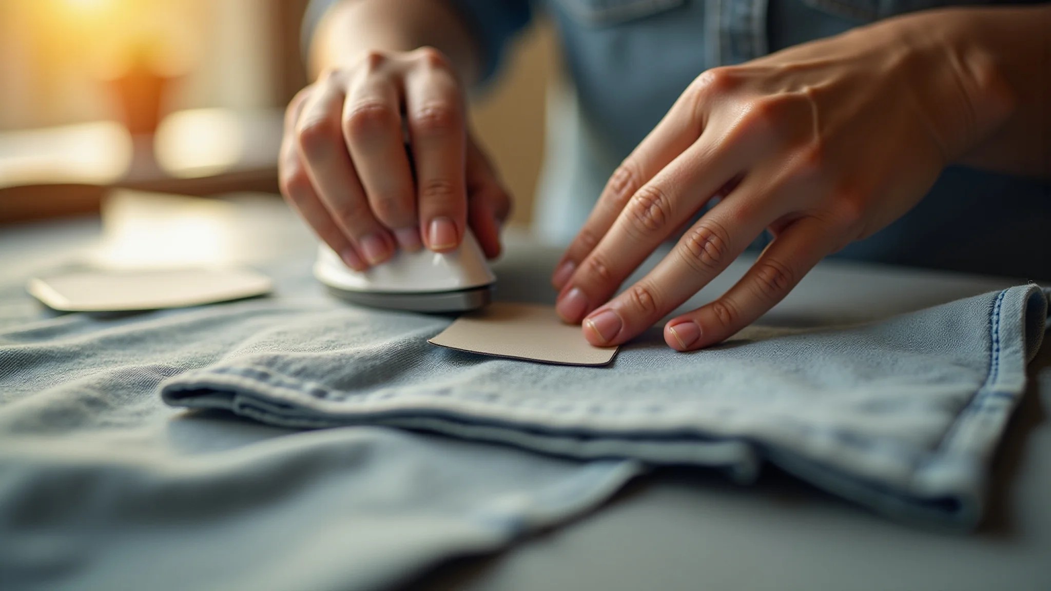 Mãos aplicando um patch termocolante em uma roupa com um ferro de passar.