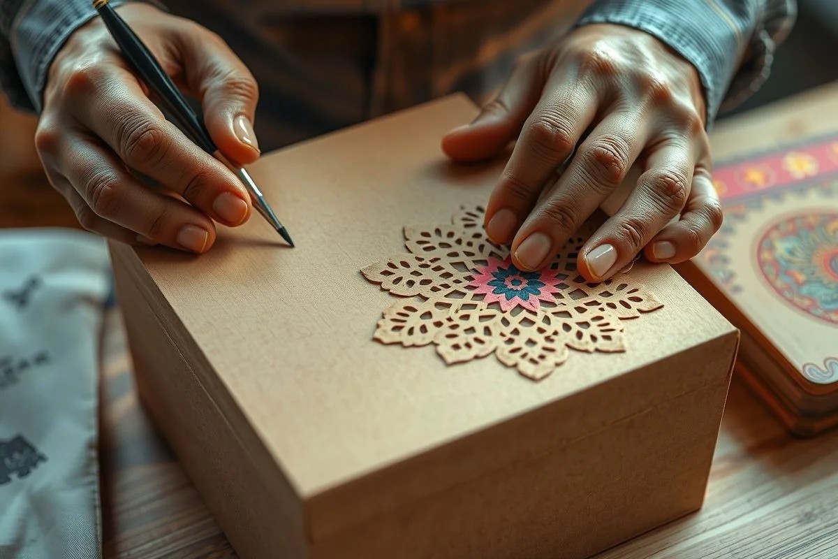 Mãos fazendo decoupage em caixa de MDF com recortes de papel coloridos.