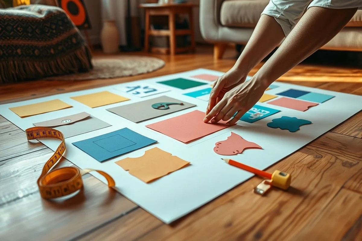 Mãos planejando layout de gallery wall no chão, com fita métrica e lápis.