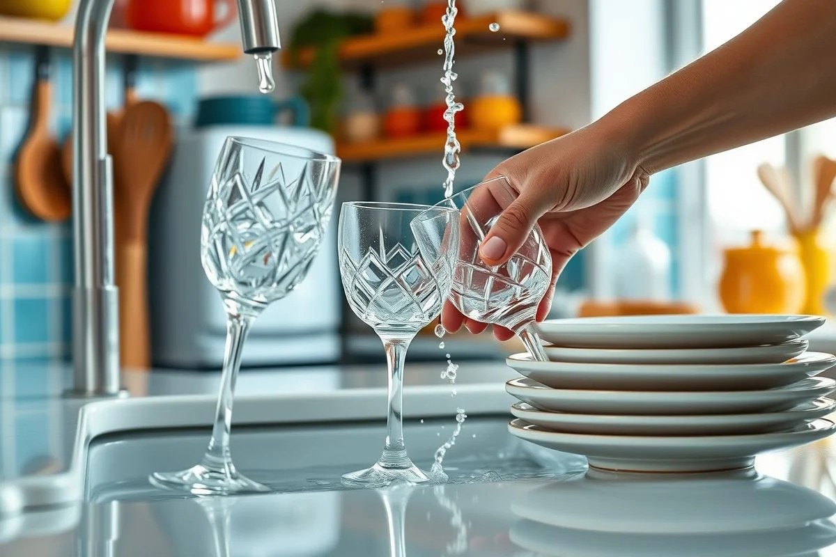 Mãos lavando louças delicadas em cozinha brasileira moderna.