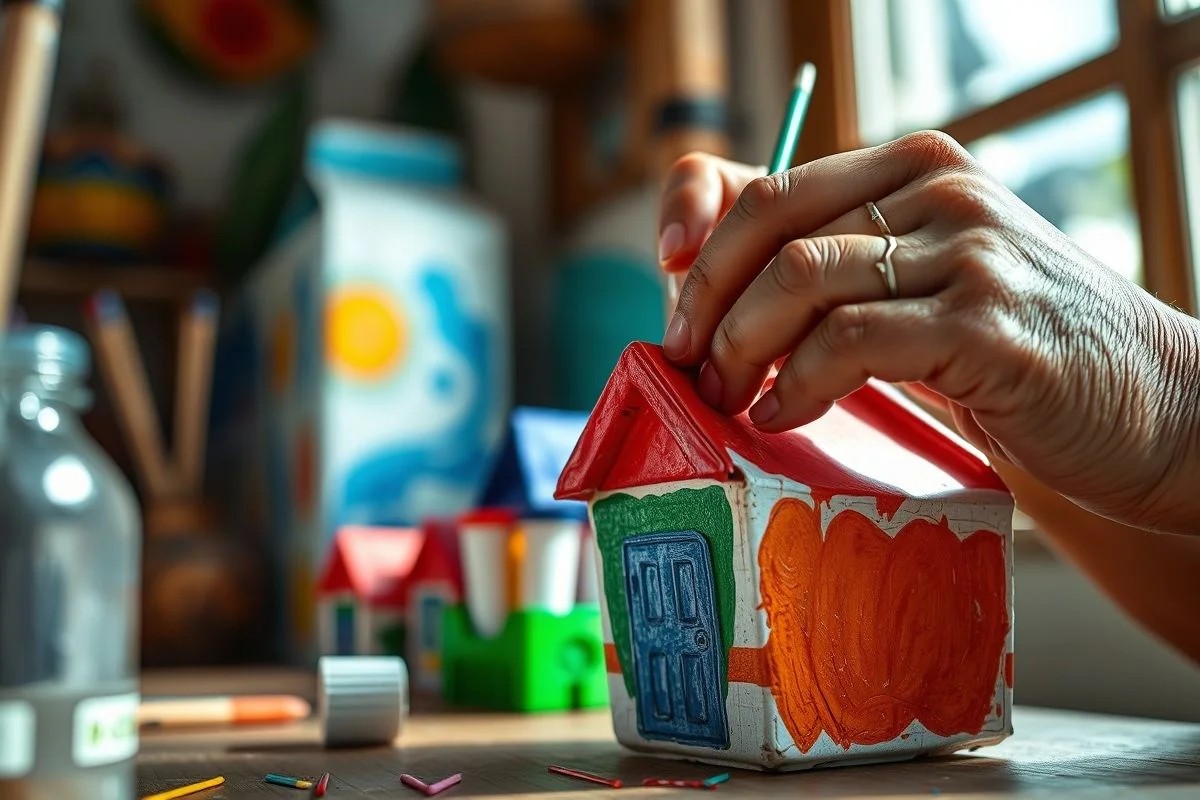 Porta-trecos colorido feito com caixas de leite recicladas, artesanato brasileiro.