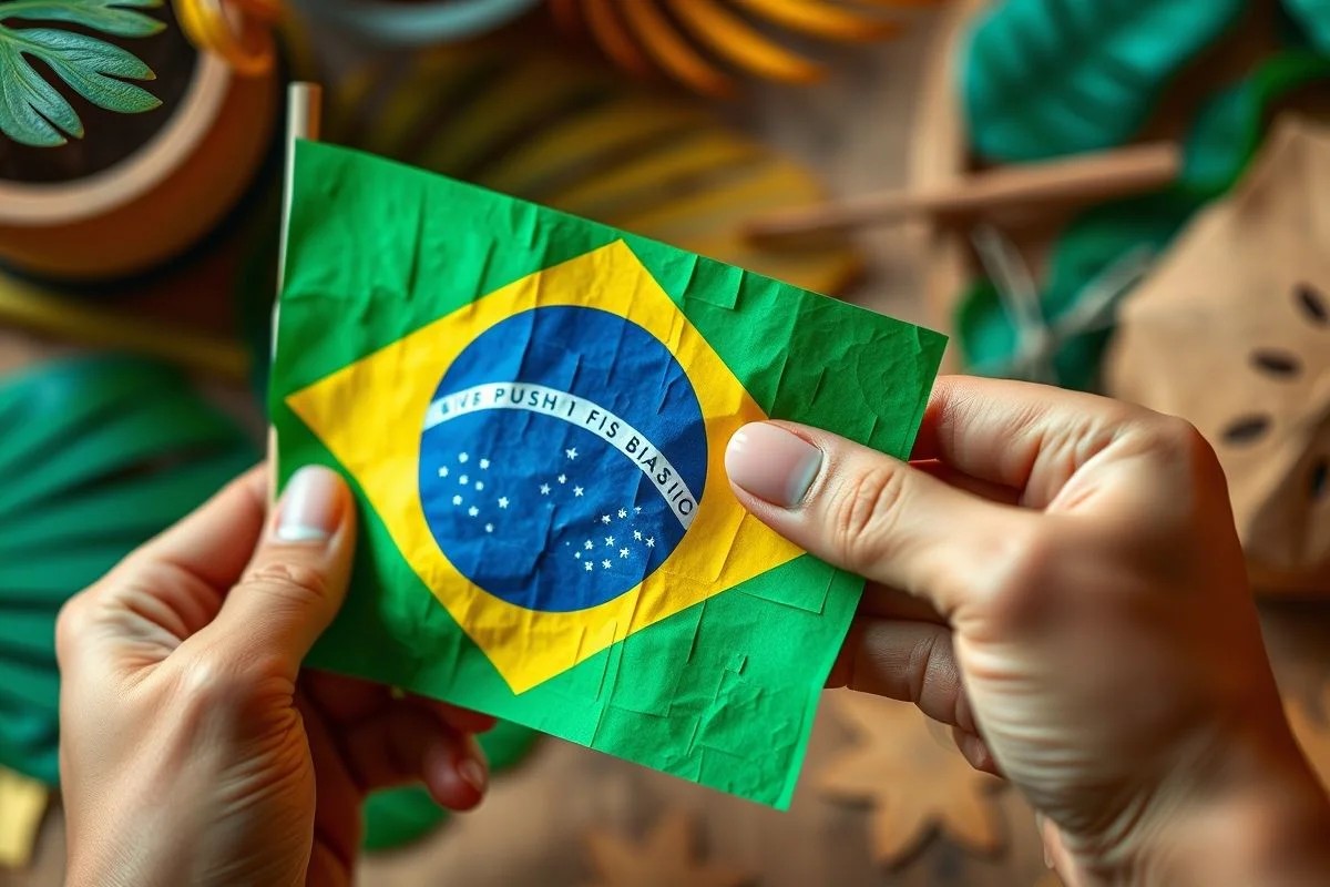 Mãos criando mini bandeira do Brasil para lembrancinha do 7 de Setembro.