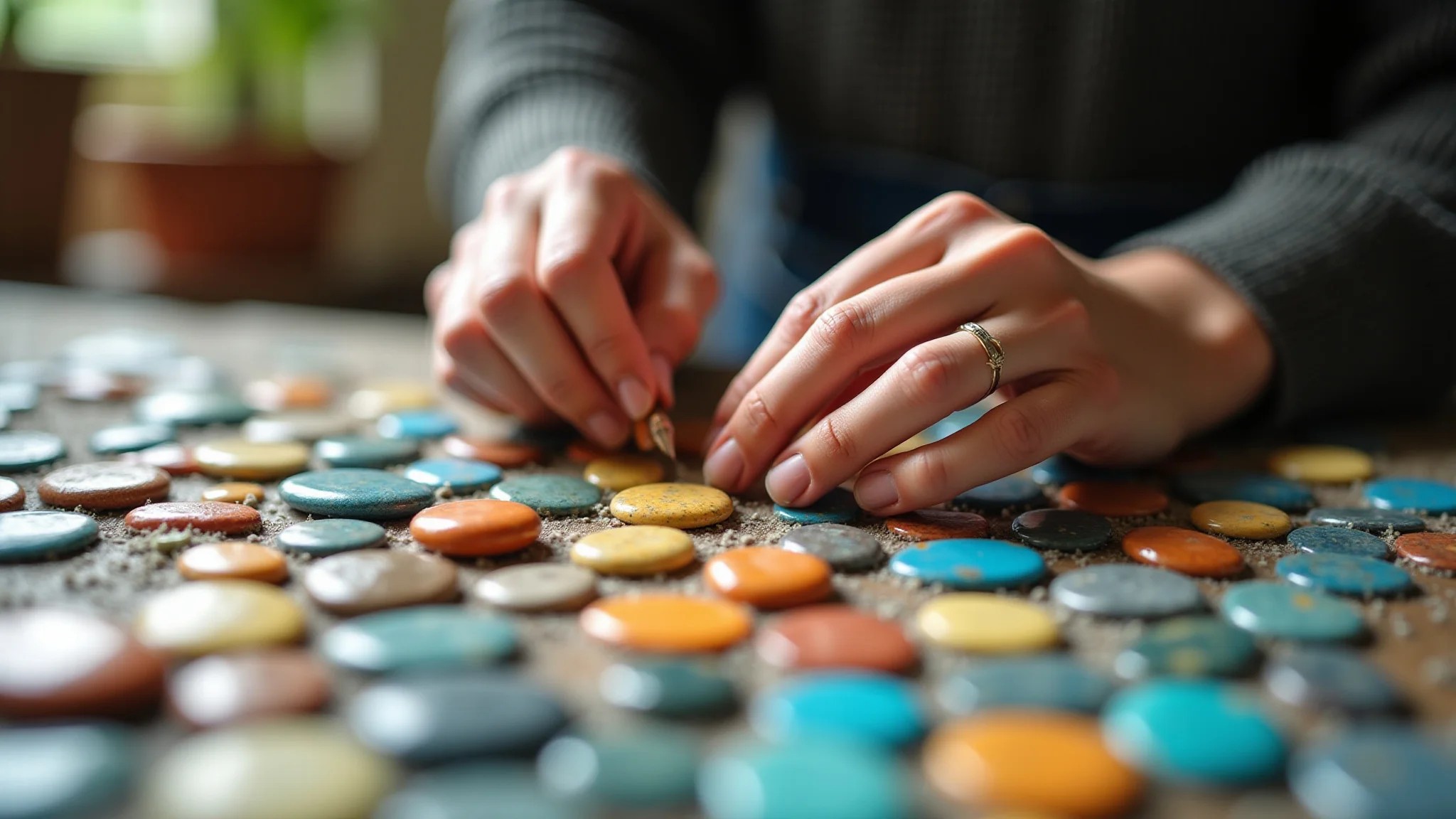 Mãos criando mosaico com pedras coloridas, detalhes em foco.