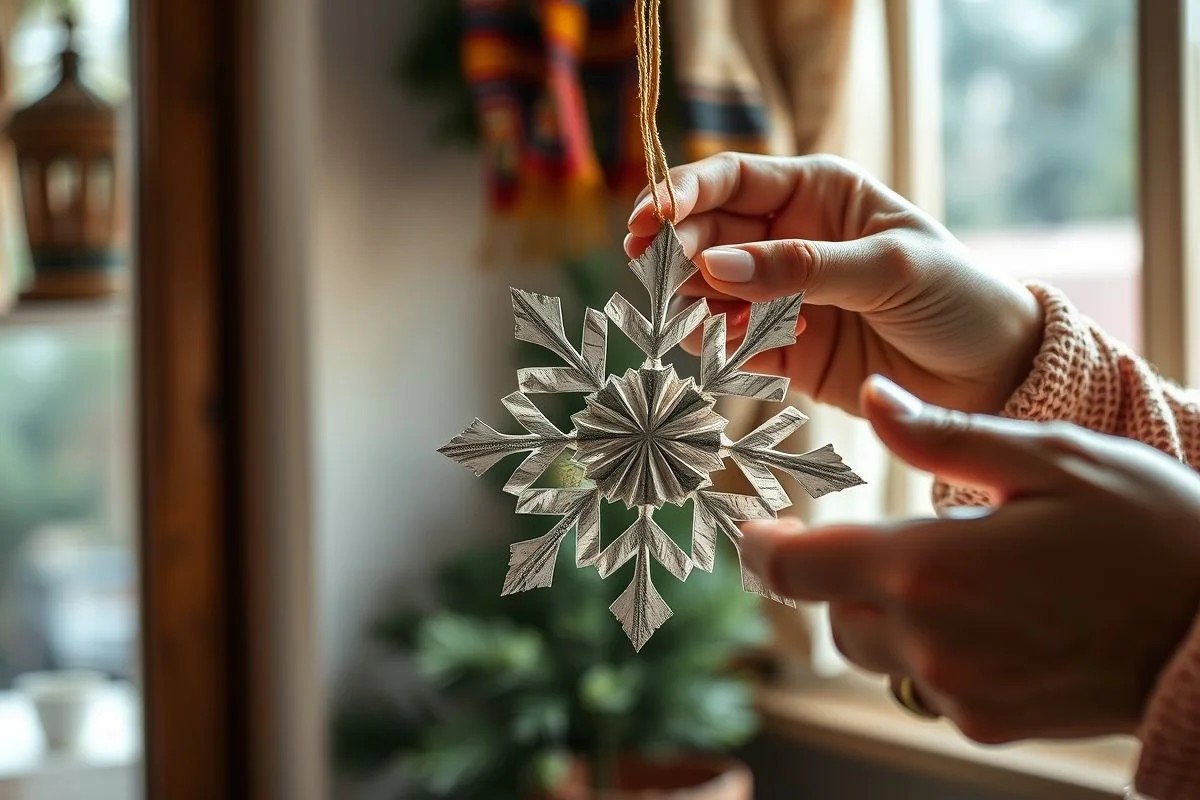 Mãos criando floco de neve de papel reciclado para decoração de Natal.