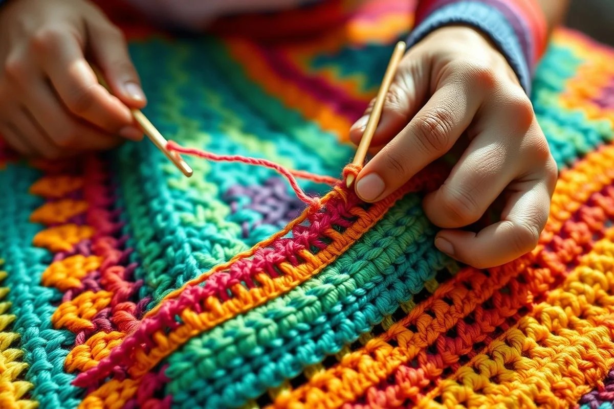 Detalhe de mãos crochetanado sousplat colorido com fios de algodão brasileiro.