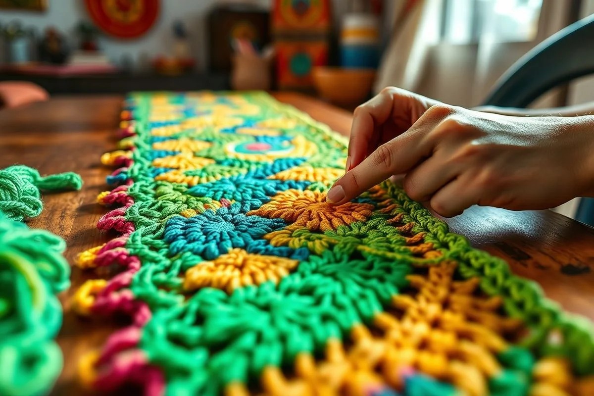 Mãos crocheteando caminho de mesa colorido, artesanato brasileiro.