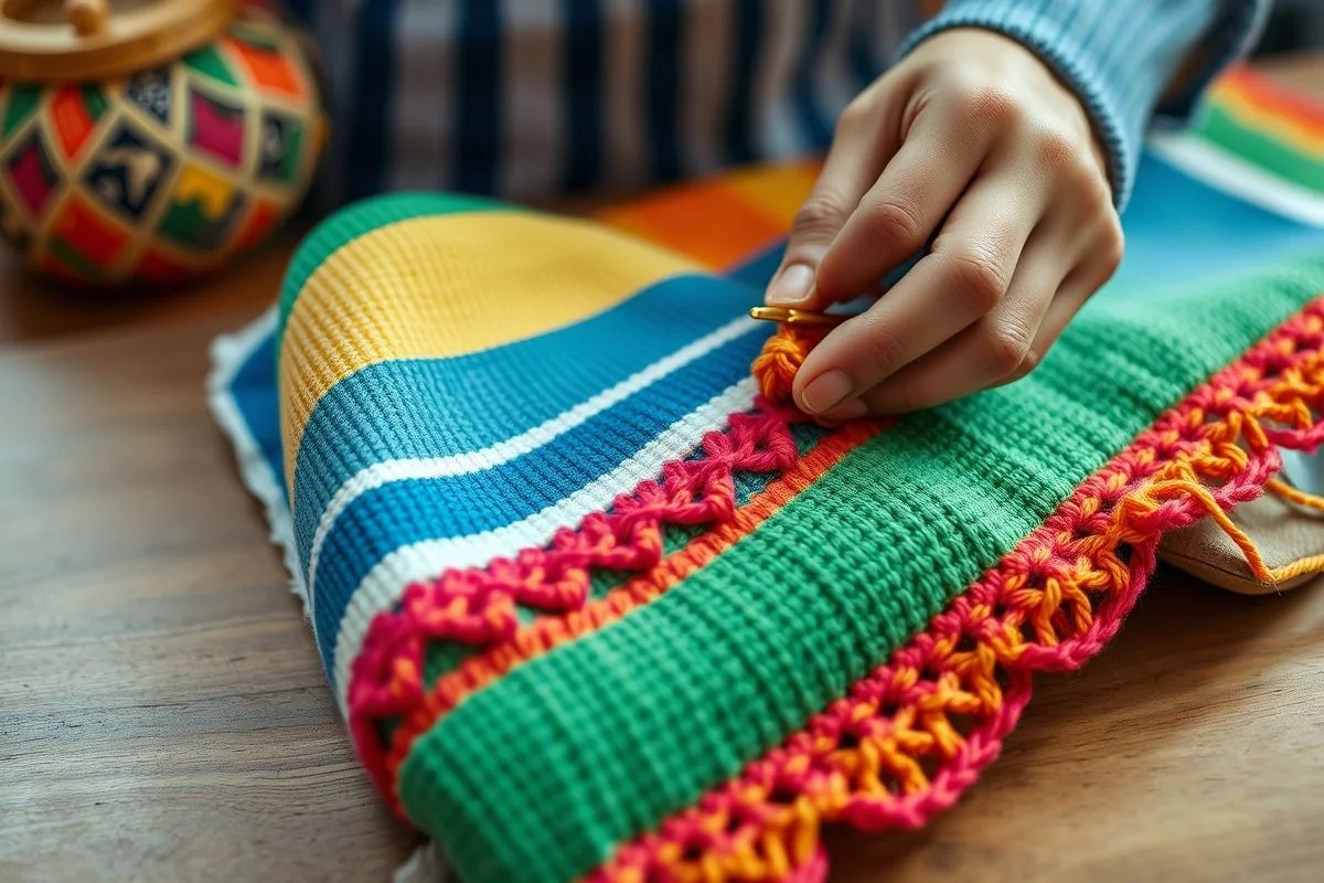 Detalhe de mãos crocheteando bico em pano de prato colorido, artesanato brasileiro.
