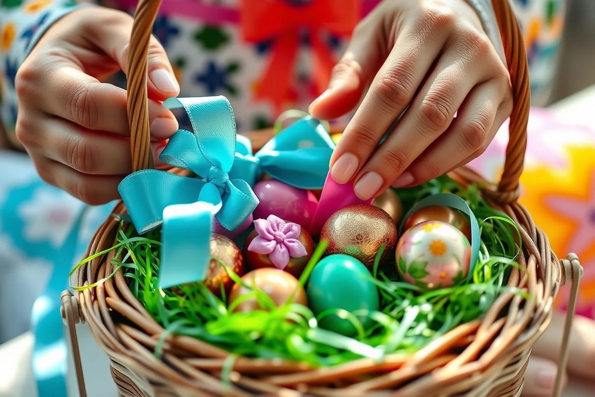 Mãos decorando cesta de Páscoa artesanal com fitas e ovos coloridos