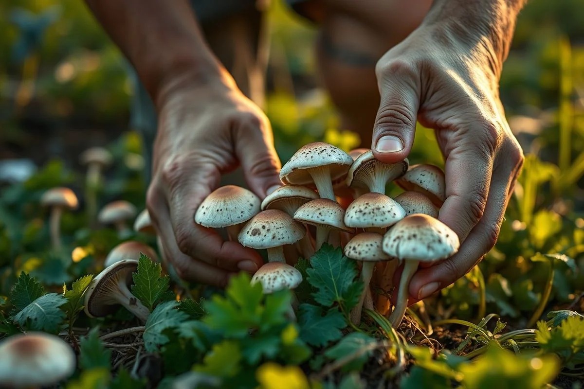 Mãos colhendo champignon fresco em fazenda rural brasileira.