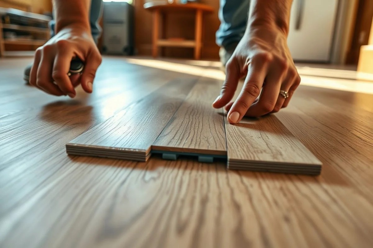 Detalhe da instalação de piso vinílico flutuante com sistema de encaixe.