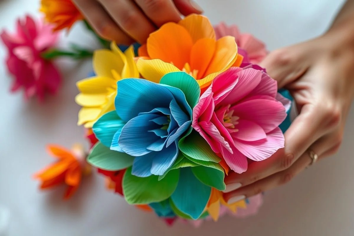 Mãos criando buquê de noiva com flores de papel crepom para casamento DIY.