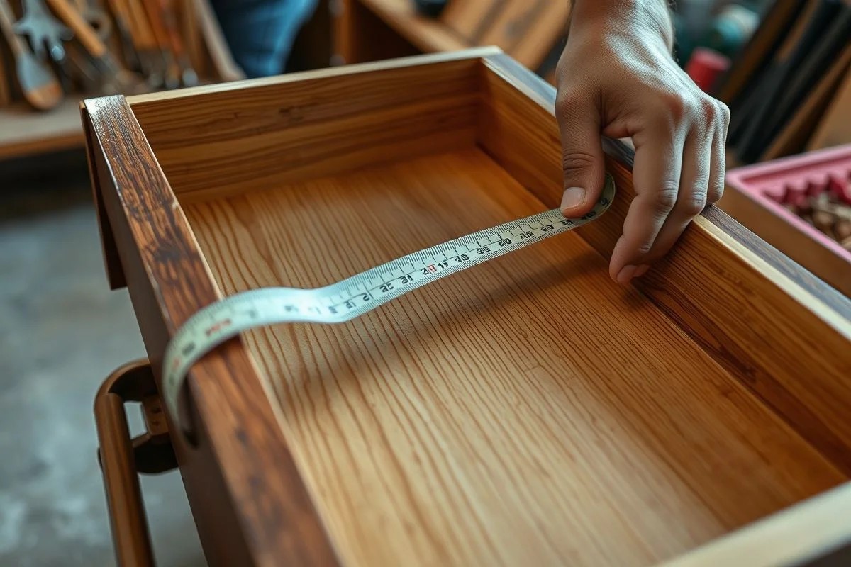 Mãos medindo o interior de uma gaveta com fita métrica.