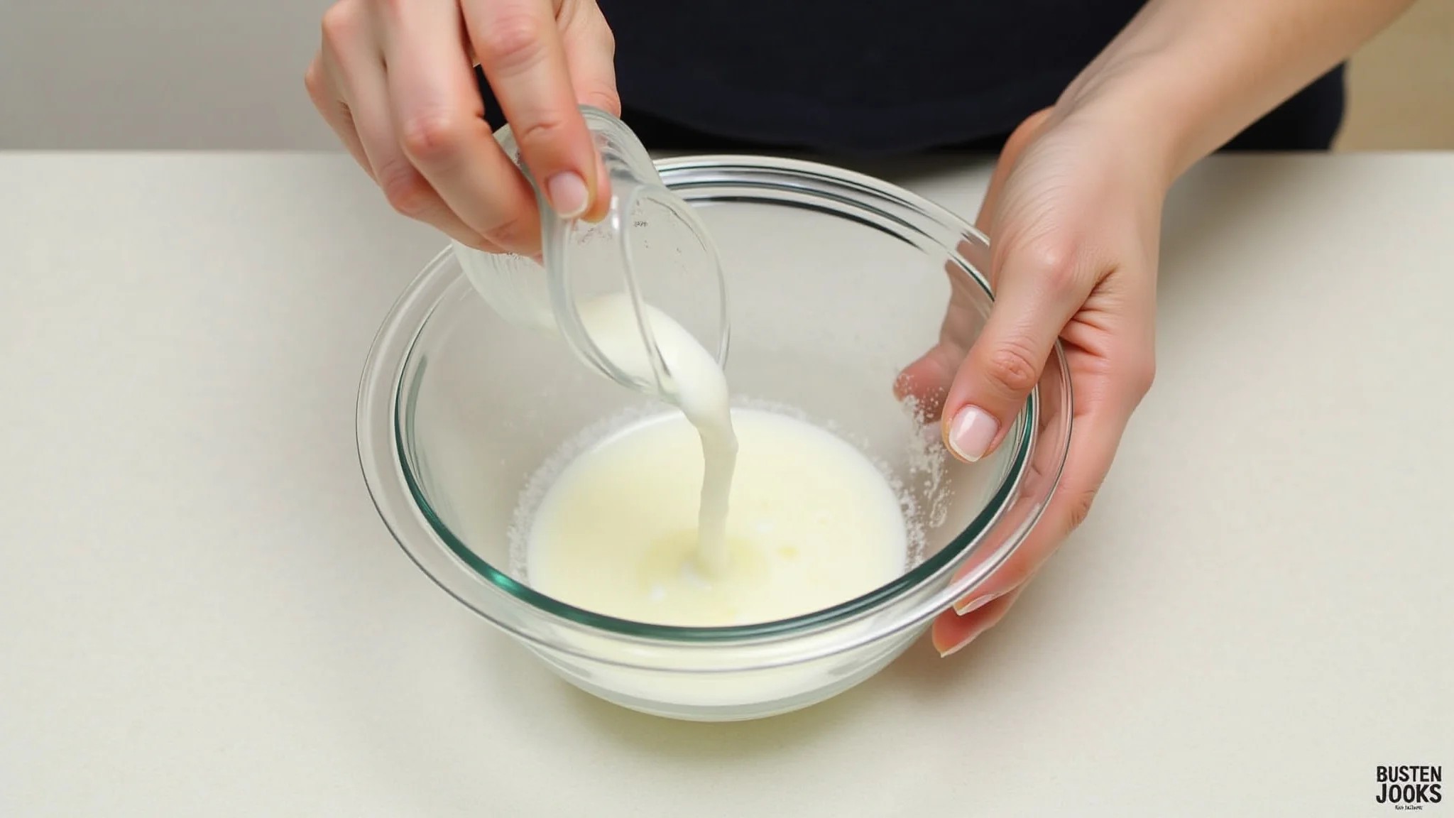 Mãos preparando solução caseira de limpeza com vinagre branco e bicarbonato de sódio.