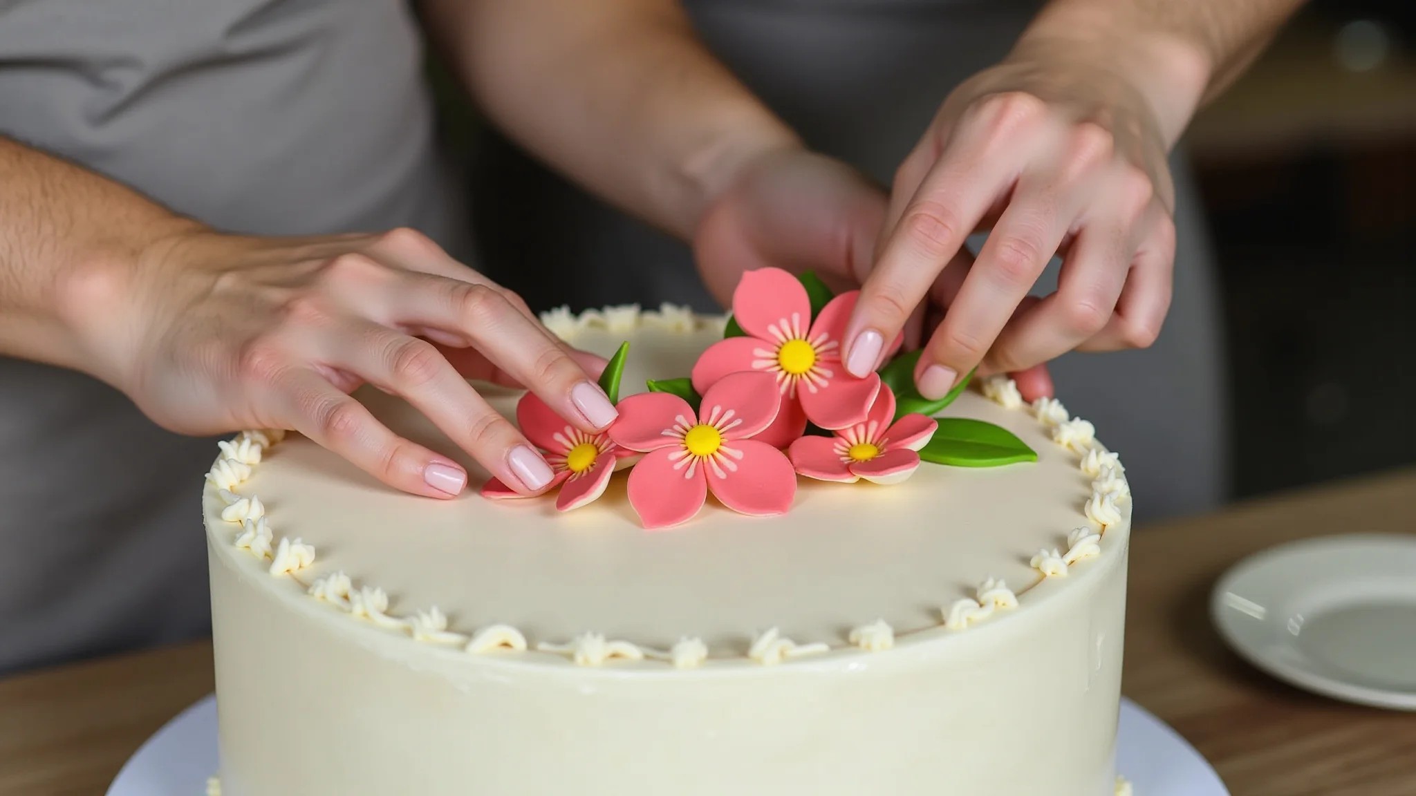 Modelagem de flores em pasta americana, criando detalhes personalizados para um bolo temático.