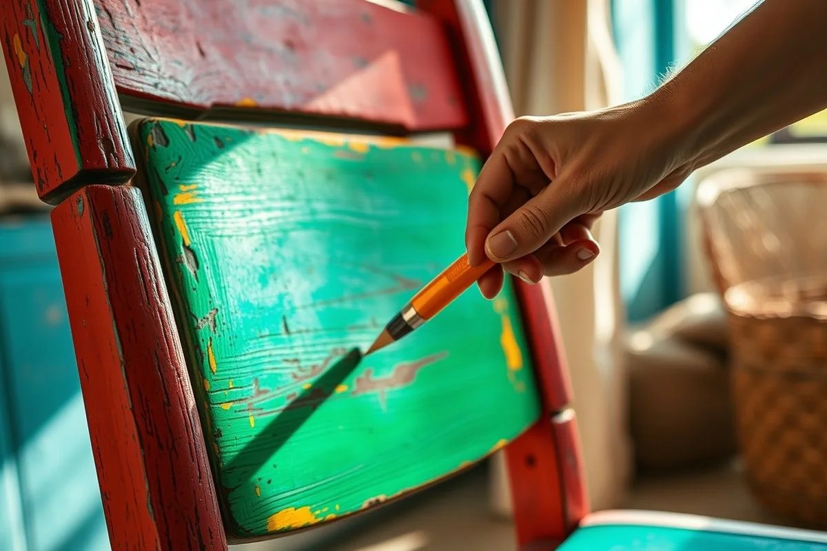 Mãos pintando cadeira de madeira com cores vibrantes, projeto DIY de decoração.
