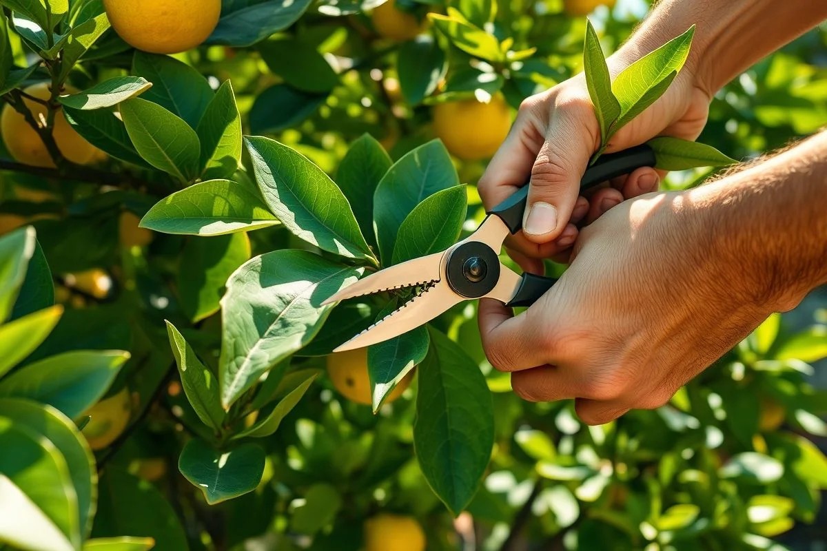 Mãos podando um limoeiro em quintal brasileiro, técnicas de jardinagem