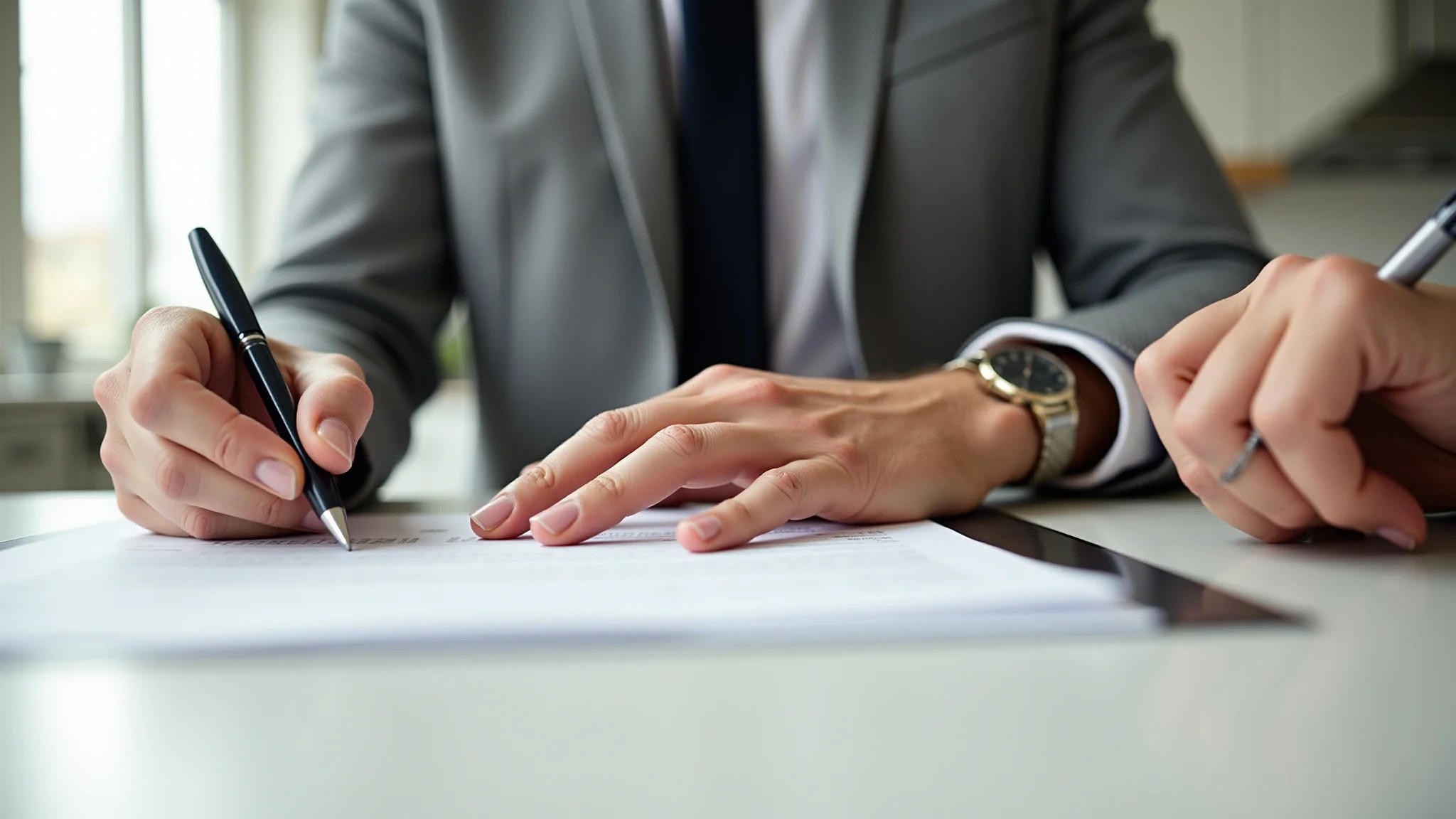Mãos assinando contrato de financiamento para reforma da cozinha.