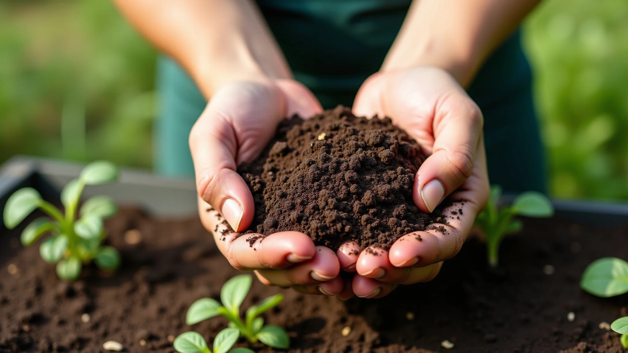 Mãos testando a textura do solo em uma horta orgânica, com iluminação natural.