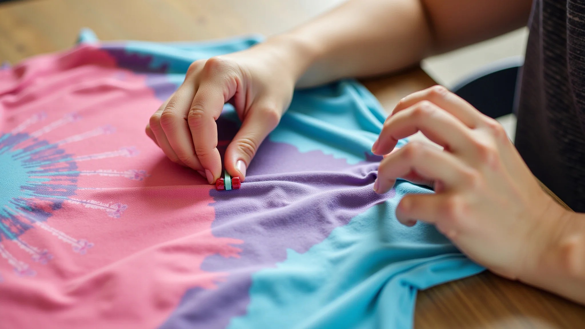 Mãos fazendo tie-dye em camiseta com cores vibrantes, usando elásticos.