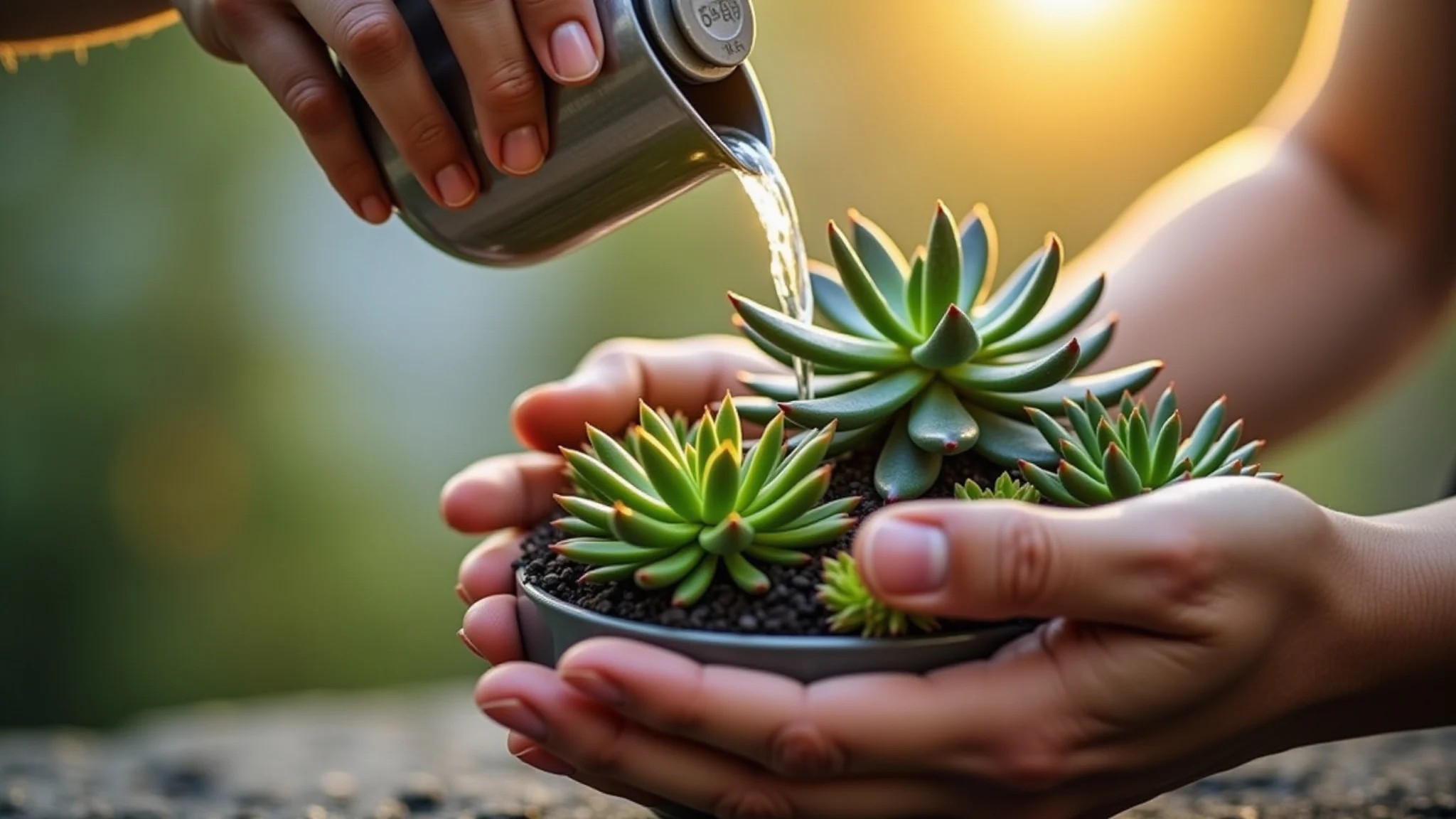 Close-up de mãos regando kokedama com suculentas, luz dourada suave.