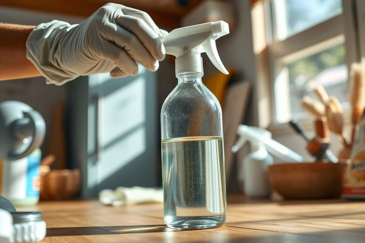 Mãos preparam solução de limpeza caseira em spray.