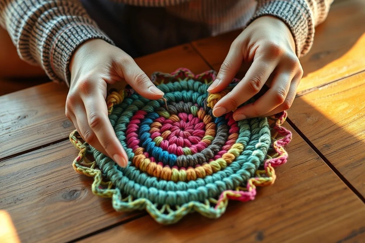 Mãos crochetanado sousplat seguindo passo a passo simples.