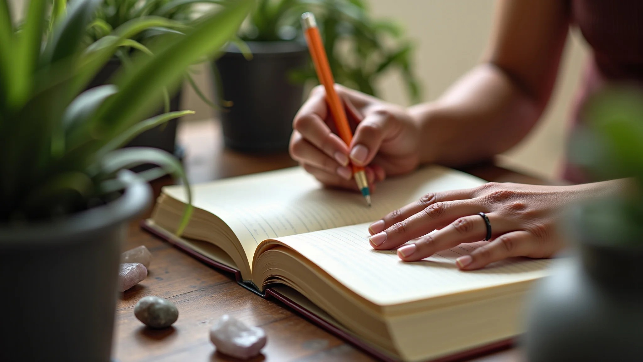 Mãos escrevendo em caderno com cristais e plantas, representando a harmonização do lar.