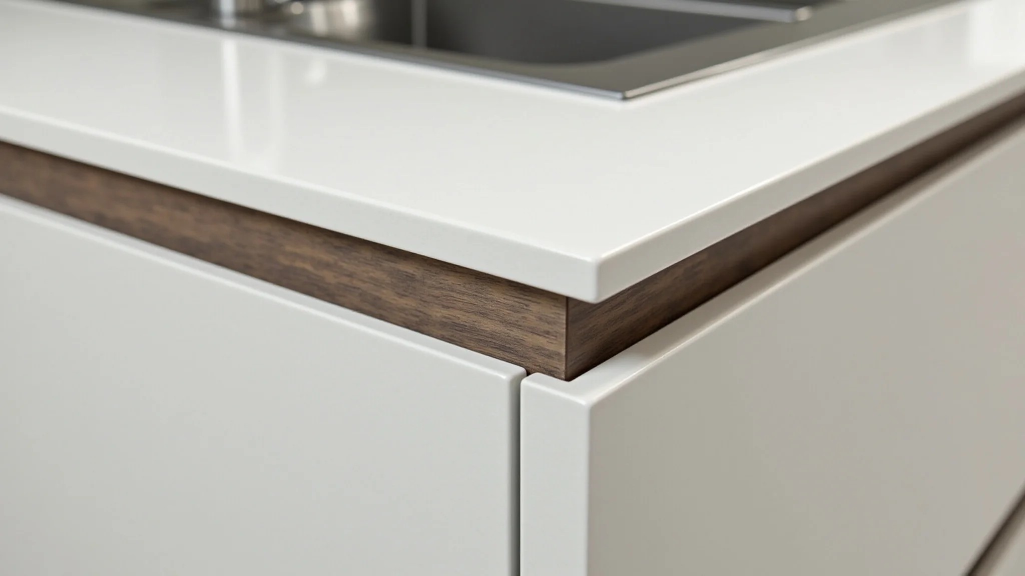 Detalhe de bancada de porcelanato com selo de qualidade Inmetro, garantindo resistência.