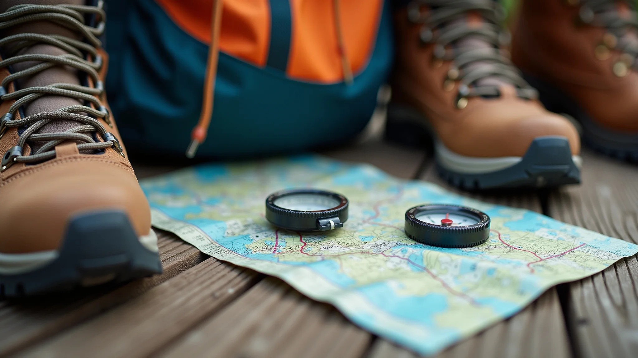 Equipamentos de trekking: botas, mapa, bússola e mochila. Preparação para uma aventura segura.