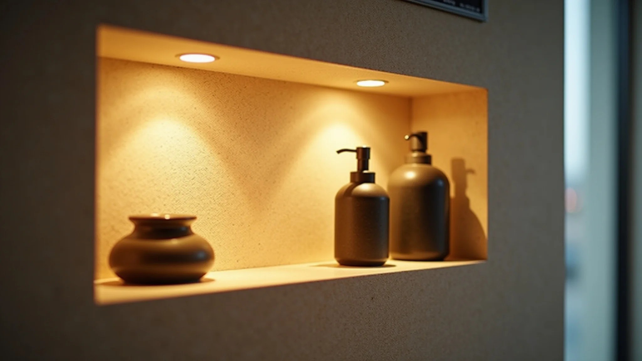 Detalhe de nicho iluminado no banheiro com objetos decorativos e iluminação natural.